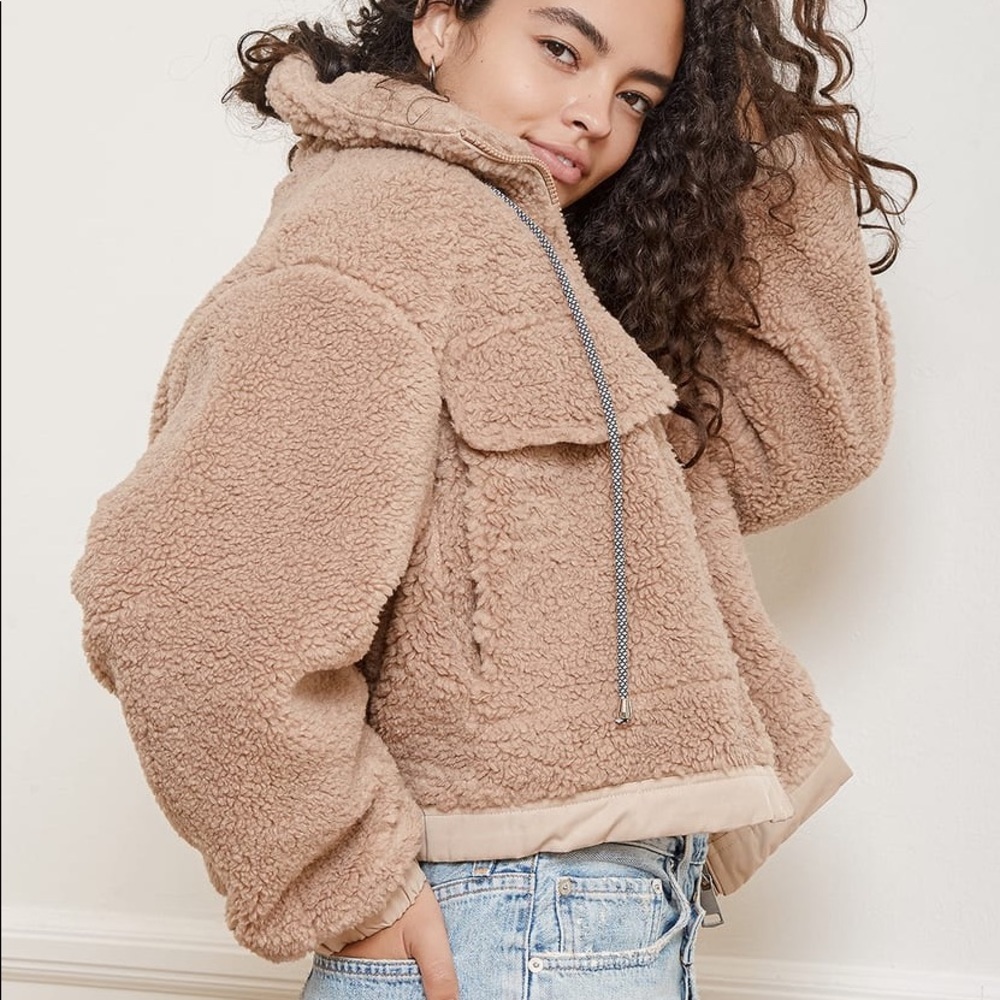 Taupe Faux Fur Drawstring Jacket - Picture 2 of 7